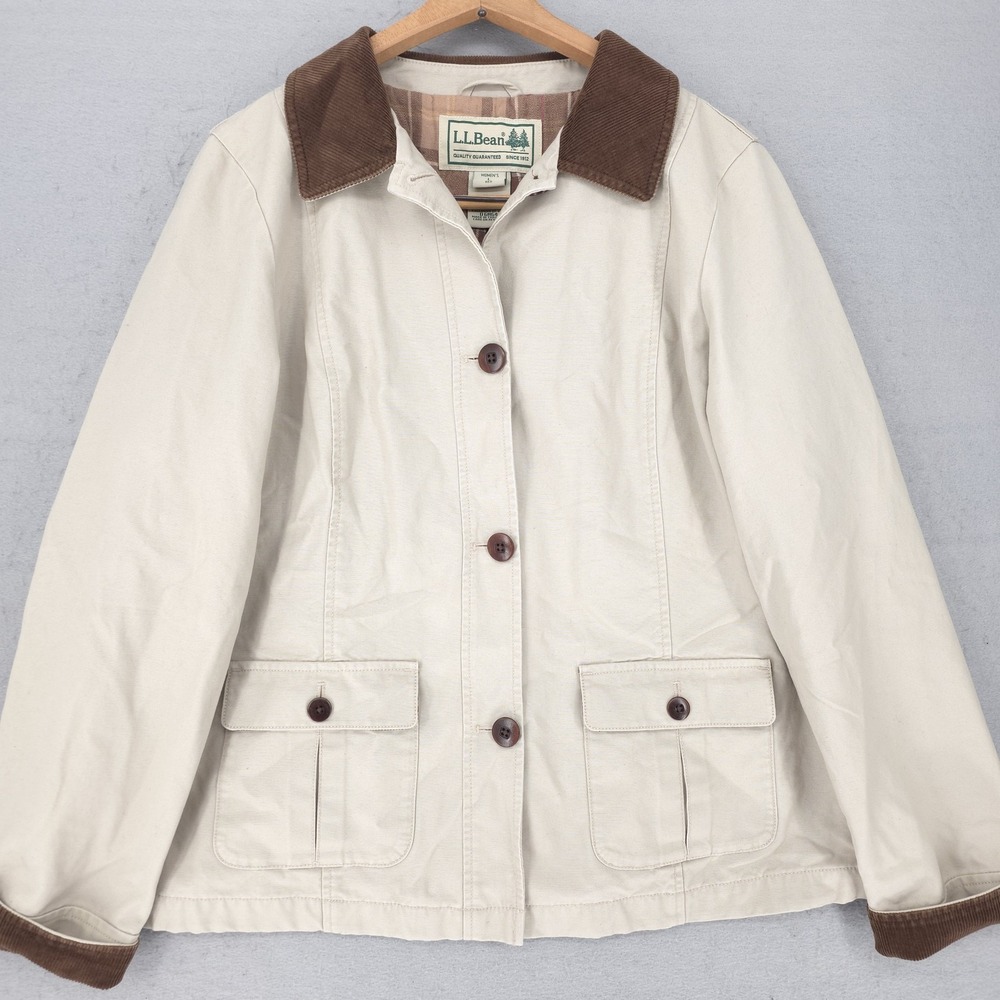 L.L.Bean Chore Jacket Womens Large Beige Canvas Corduroy Collar Lined Barn Coat